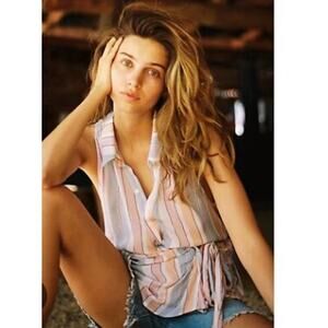 NEW Free People S Mackenzie Striped Pink Wrap Top Sleeveless Boho Collar